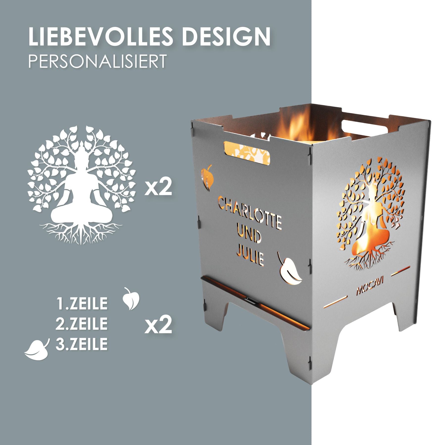 Edelstahl Feuerkorb Lebensbaum 52 cm | 3 mm V2A personalisiert
