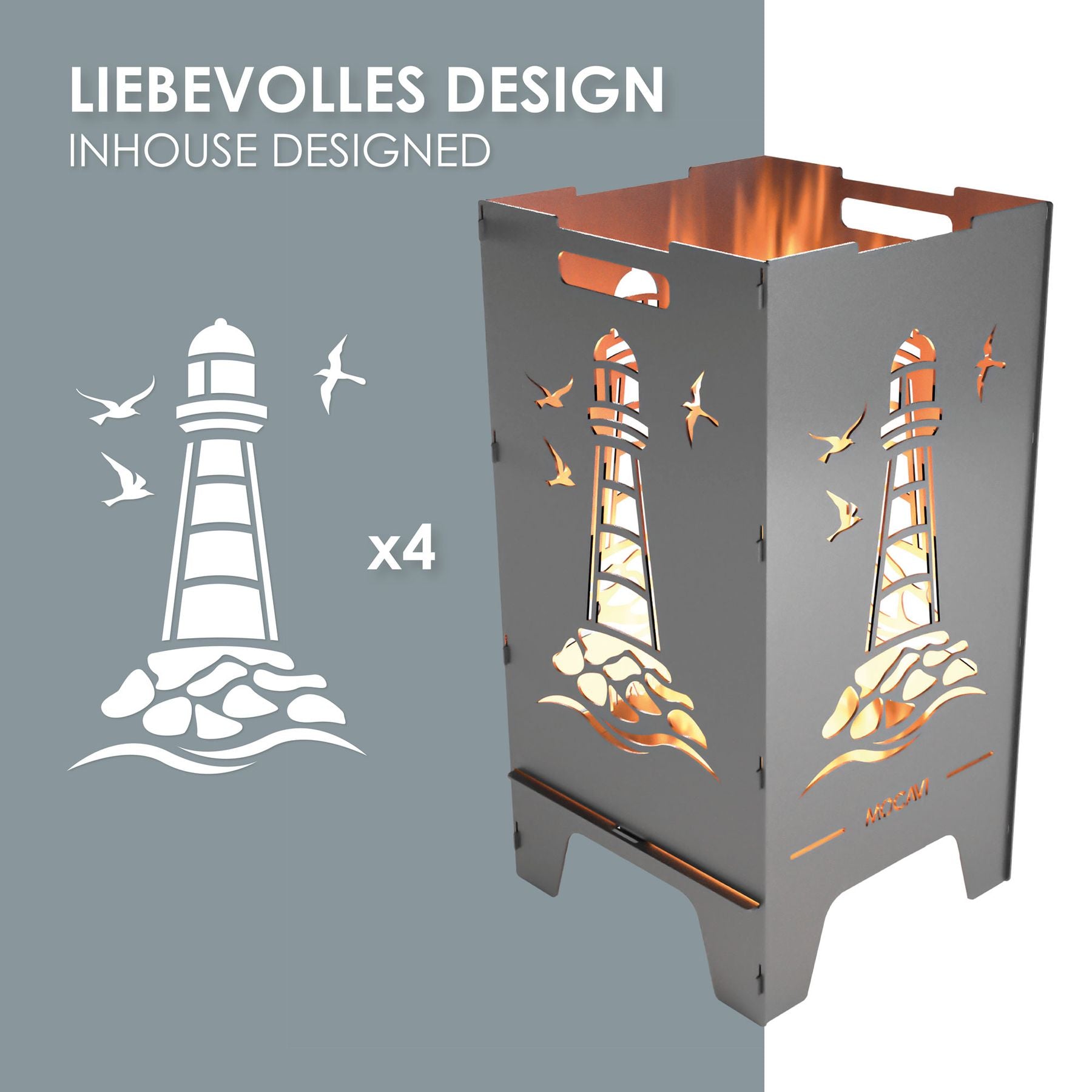 Feuerkorb MOCAVI Fire - liebevolles Design - Motiv Leuchtturm - maritimer Leuchtturm mit Möwen