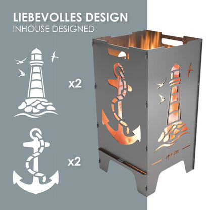 Feuerkorb MOCAVI Fire - liebevolles Design - Motiv Maritim - Leuchtturm mit Möwen und Anker