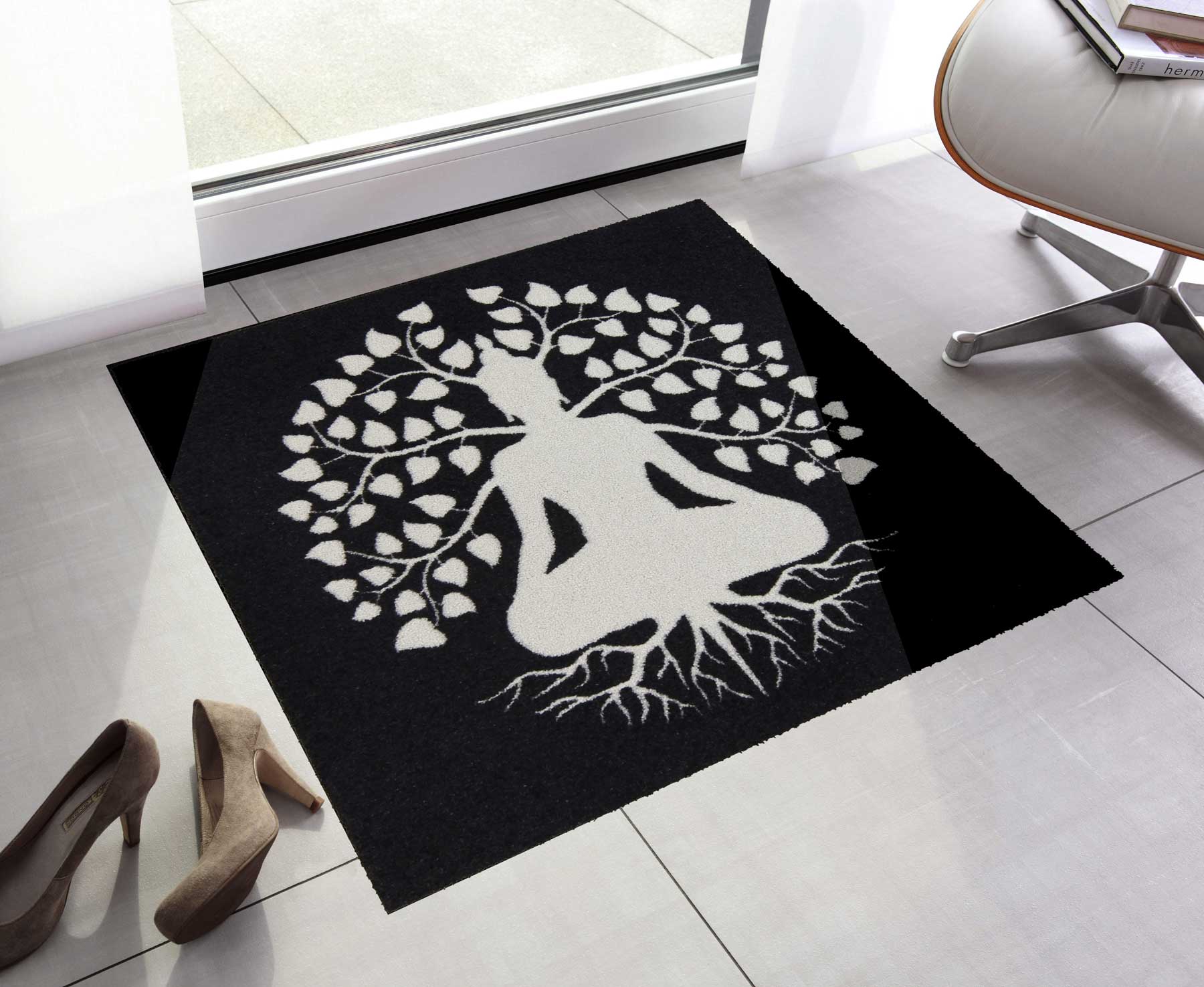 Fußmatte Yoga Lebensbaum groß schwarz weiß