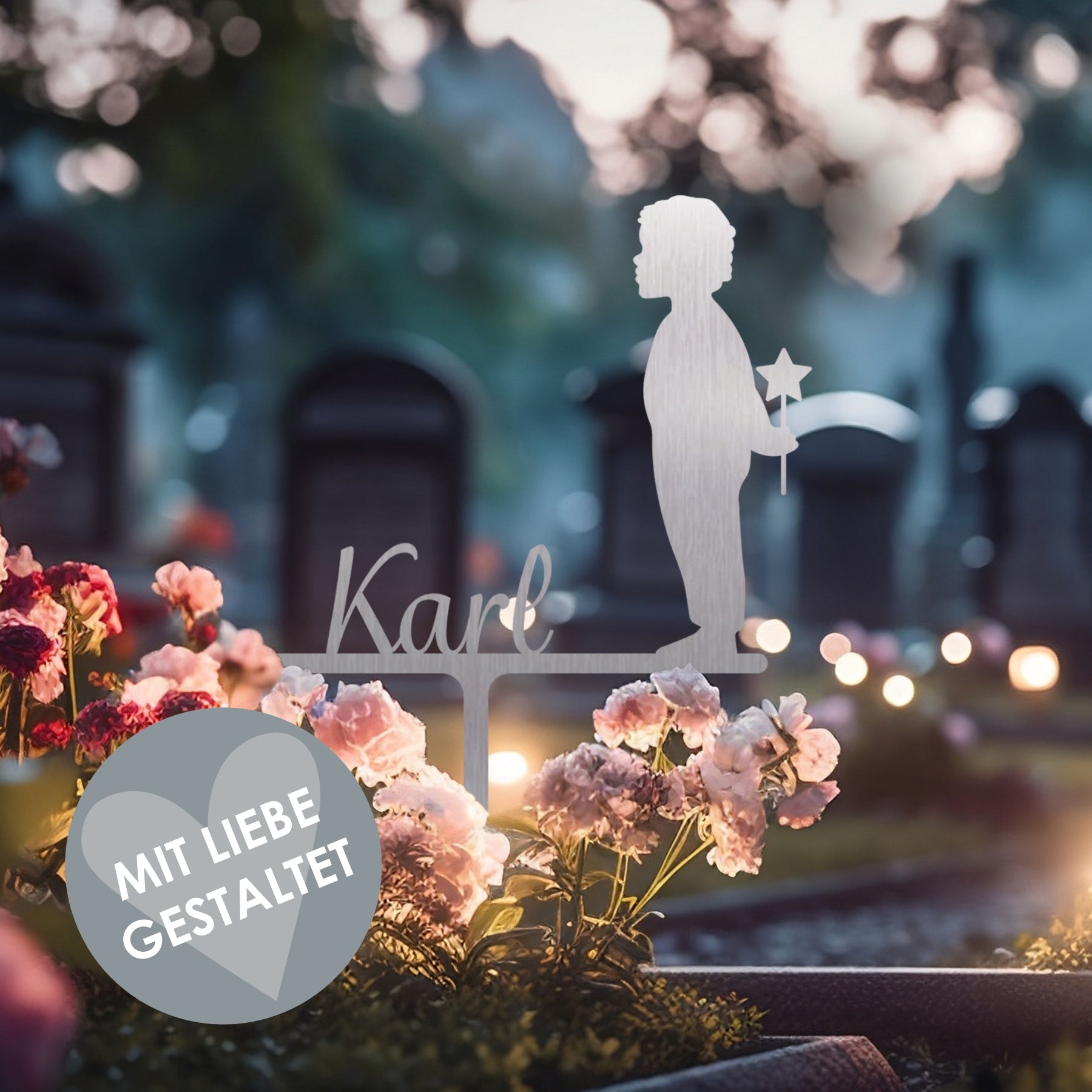 Grabstecker Junge mit Stern Karl personalisiert Edelstahl