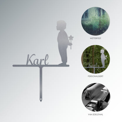 Grabstecker Junge mit Stern Karl personalisiert Edelstahl
