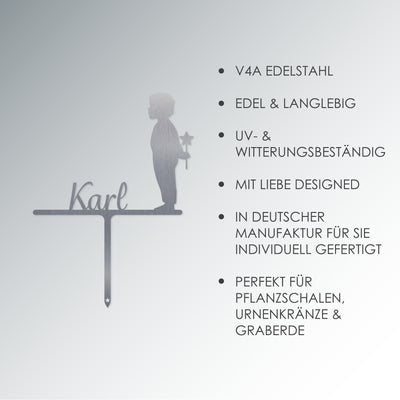 Grabstecker Junge mit Stern Karl personalisiert Edelstahl