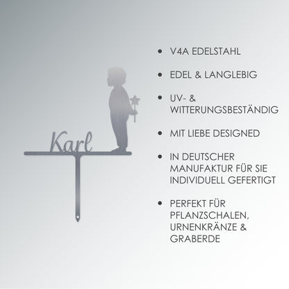 Grabstecker Junge mit Stern Karl personalisiert Edelstahl