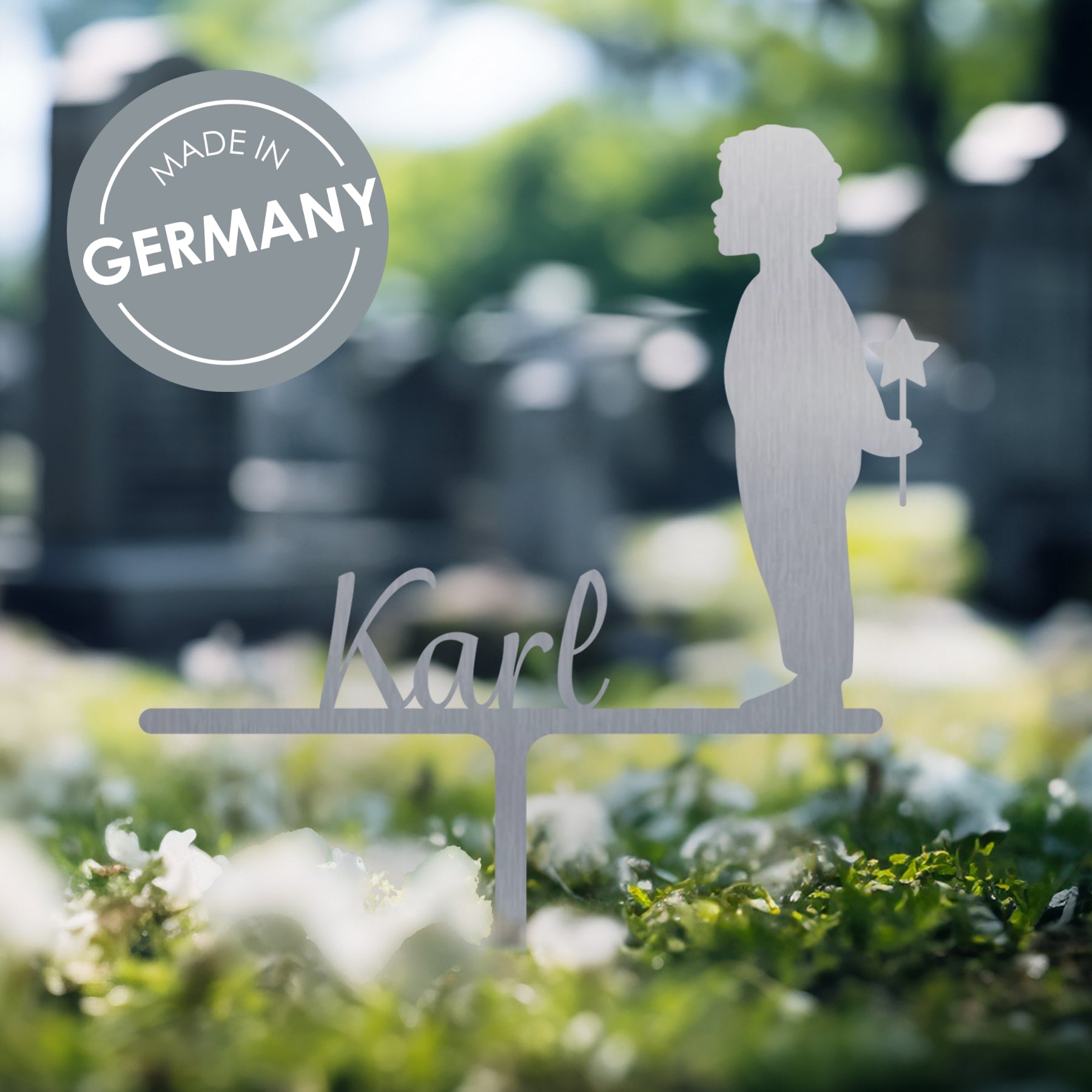 Grabstecker Junge mit Stern Karl personalisiert Edelstahl