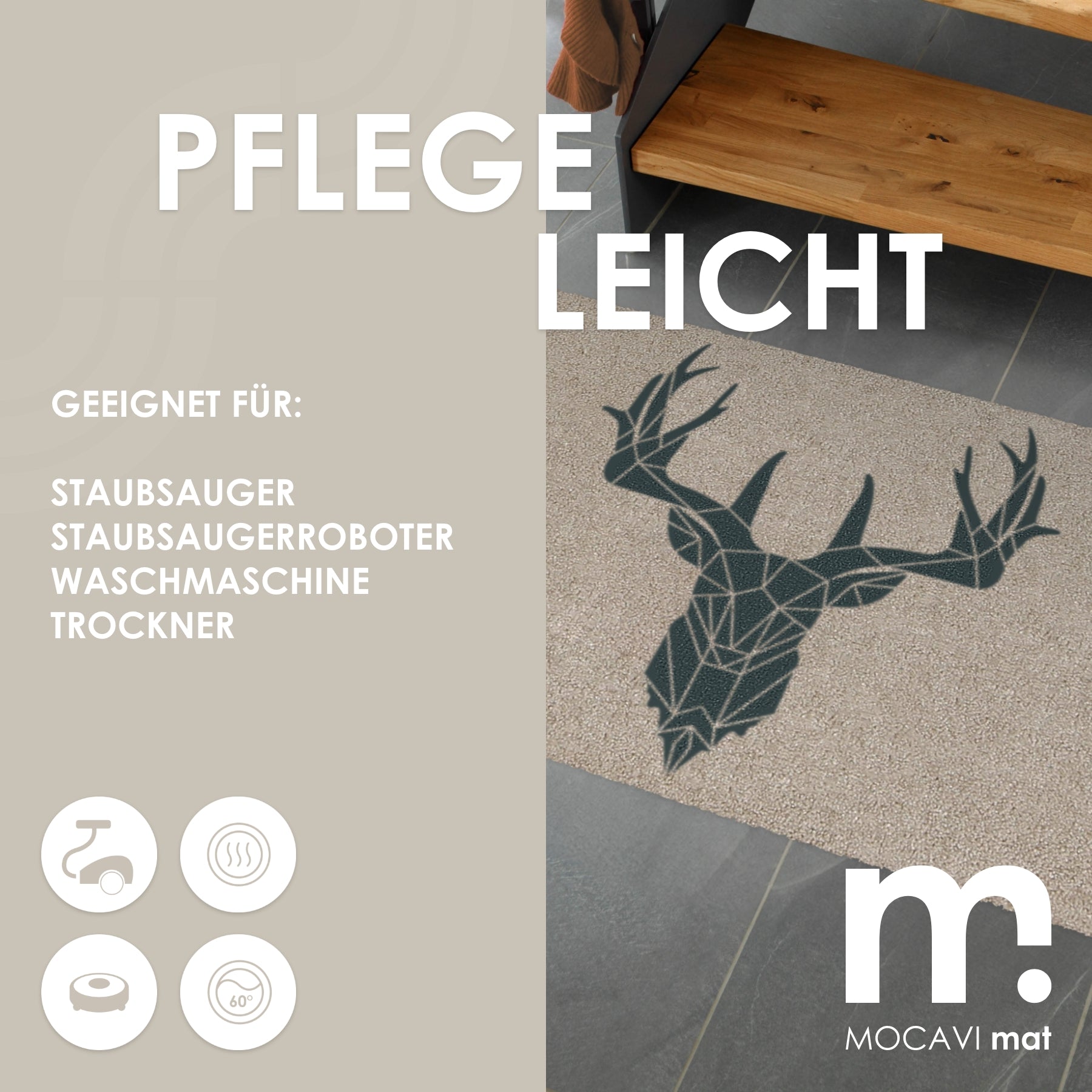 Fußmatte 45x70 Mat Hirsch mit Rand beige