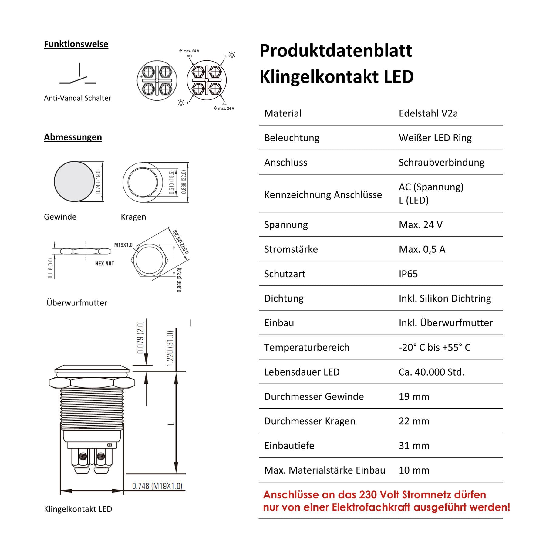 MO-Ring 515 Moderne Klingelplatte aus V4A-Edelstahl, quadratisch (8,5 cm), LED-Taster
