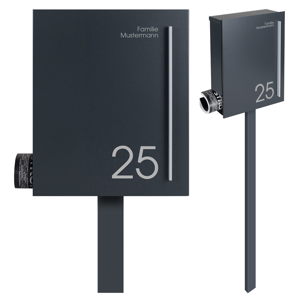 SBox 110Na Standbriefkasten mit Zeitungsfach inkl. Name und Hausnummer anthrazit (RAL 7016) mit Pfosten (einbetonieren)