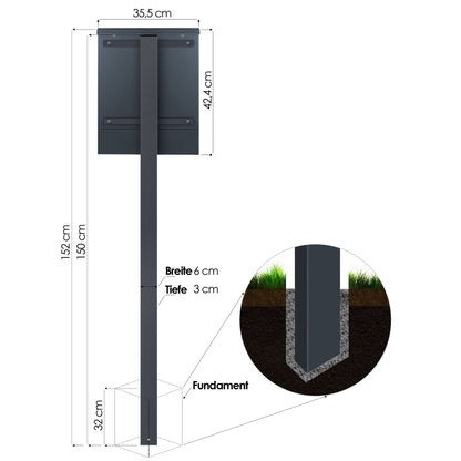 SBox 110RNa Standbriefkasten mit Zeitungsfach inkl. Name und Hausnummer anthrazit (RAL 7016) mit Pfosten (einbetonieren) Rechtsanschlag