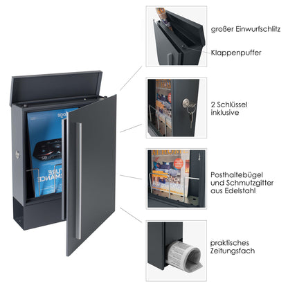 SBox 110RNa Standbriefkasten mit Zeitungsfach inkl. Name und Hausnummer anthrazit (RAL 7016) mit Pfosten (einbetonieren) Rechtsanschlag