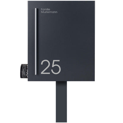SBox 110RNa Standbriefkasten mit Zeitungsfach inkl. Name und Hausnummer anthrazit (RAL 7016) mit Pfosten (einbetonieren) Rechtsanschlag