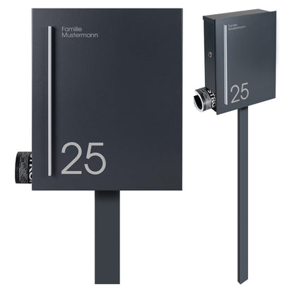 SBox 110RNa Standbriefkasten mit Zeitungsfach inkl. Name und Hausnummer anthrazit (RAL 7016) mit Pfosten (einbetonieren) Rechtsanschlag