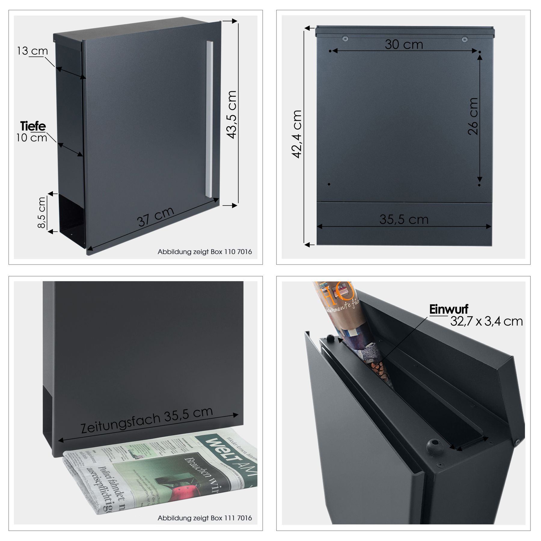 SBox 110RNa Standbriefkasten mit Zeitungsfach inkl. Name und Hausnummer anthrazit (RAL 7016) mit Pfosten (einbetonieren) Rechtsanschlag