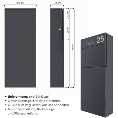 Lieferumfang und Maße SBox 315 Qualitäts-Standbriefkasten