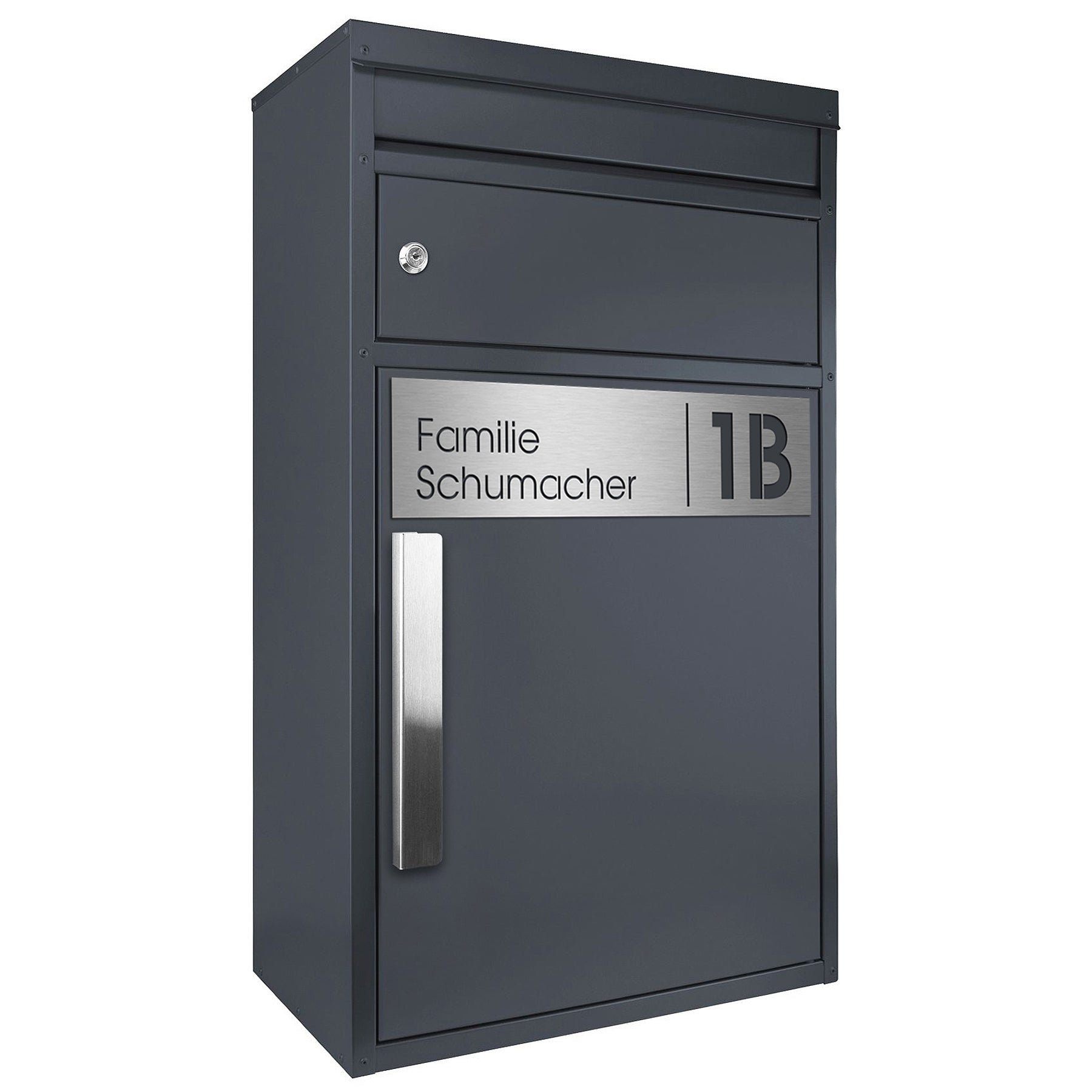 Paketbriefkasten 45MS mit Name und Hausnummer graviert V4A-Edelstahl/anthrazit RAL 7016 Design-Paketkasten modern