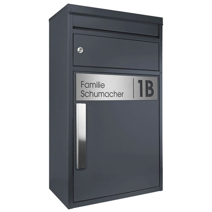Paketbriefkasten 45MS mit Name und Hausnummer graviert V4A-Edelstahl/anthrazit RAL 7016 Design-Paketkasten modern