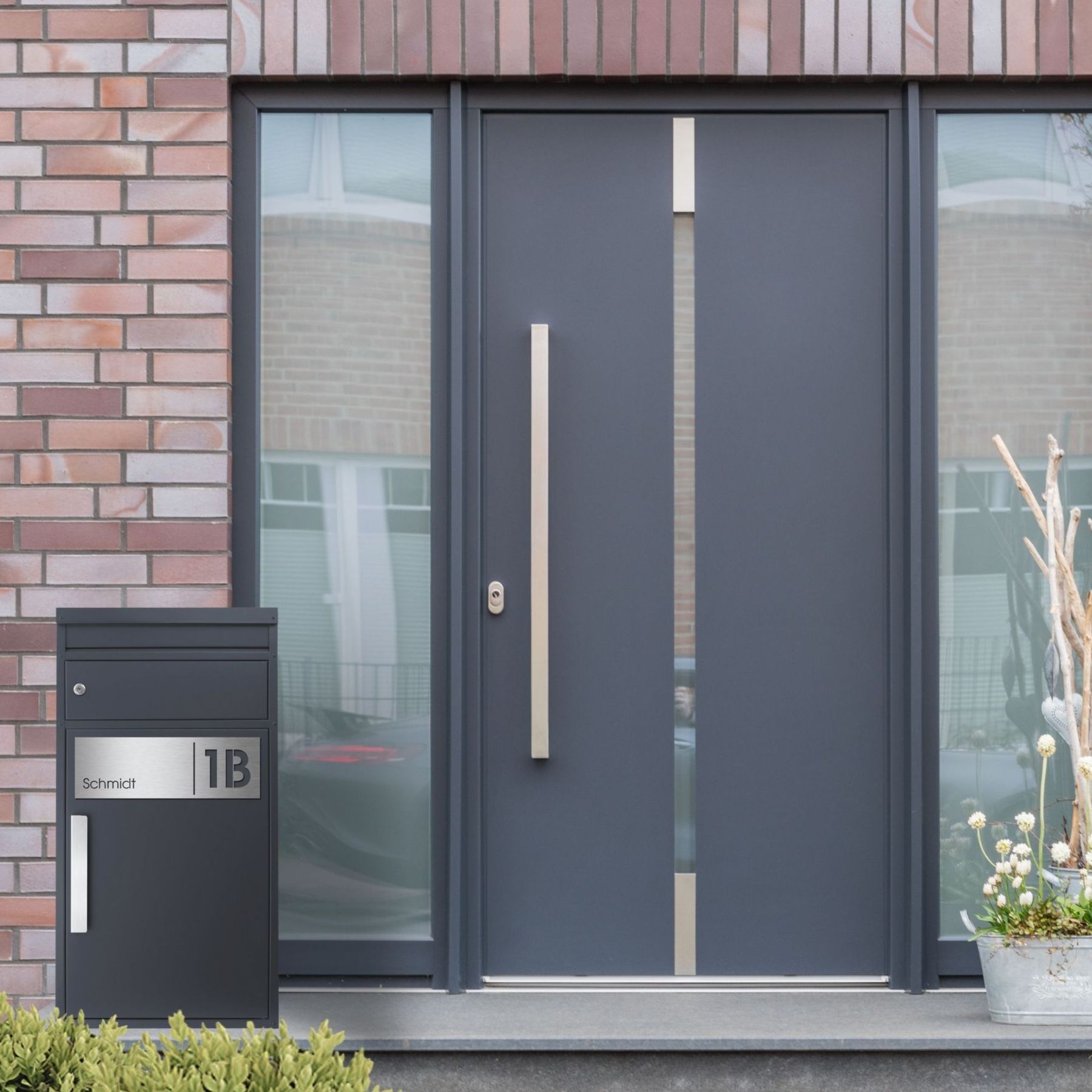 Paketbriefkasten 65MS mit Name und Hausnummer graviert V4A-Edelstahl / anthrazit RAL 7016 Design-Paketkasten modern