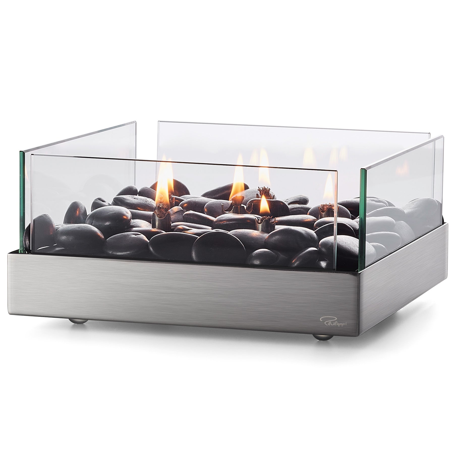 Fireplace quadratischer Tischkamin aus Edelstahl, Glas und Flusssteine 23 x 23 cm