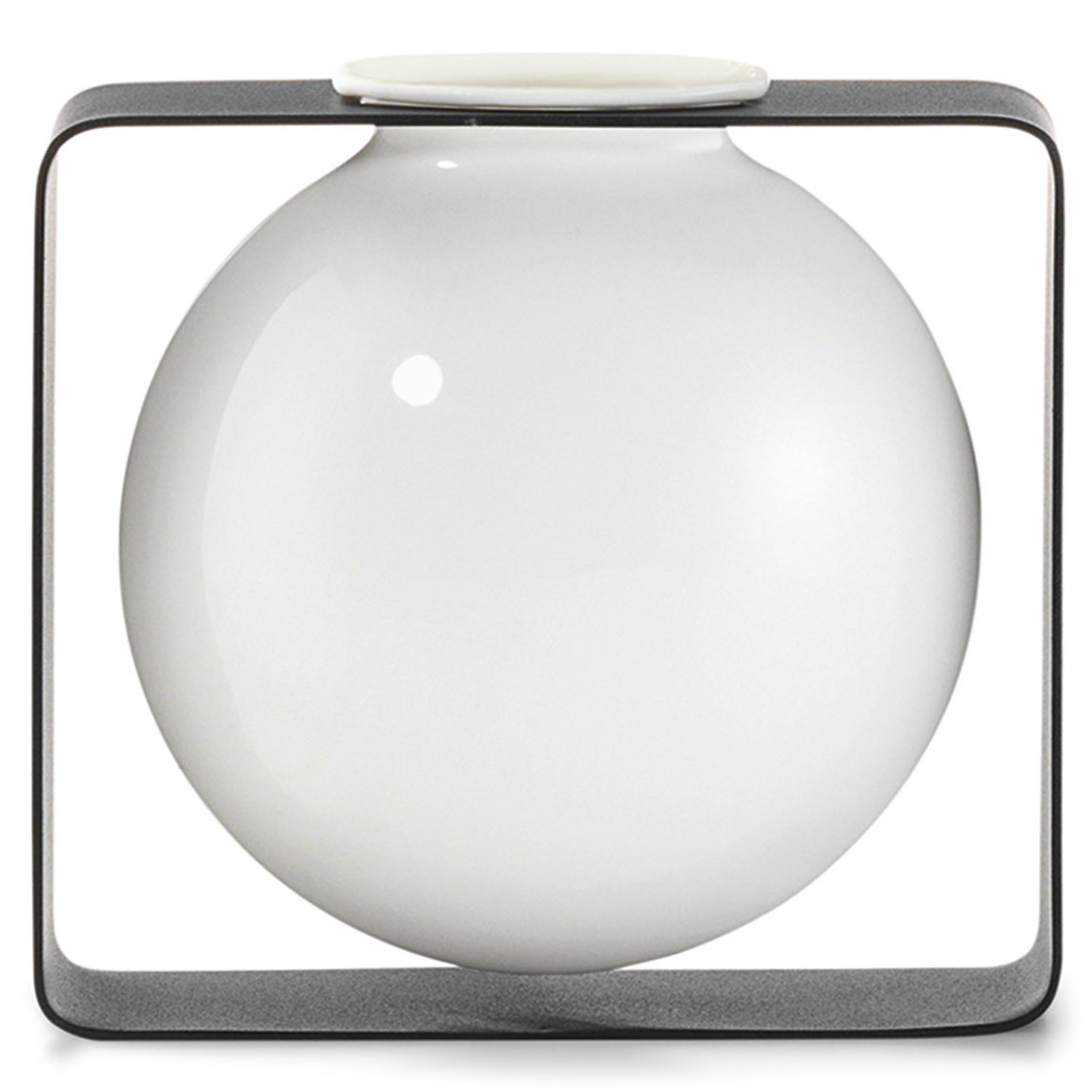 weiße Porzellan Vase schwebend im Metallrahmen