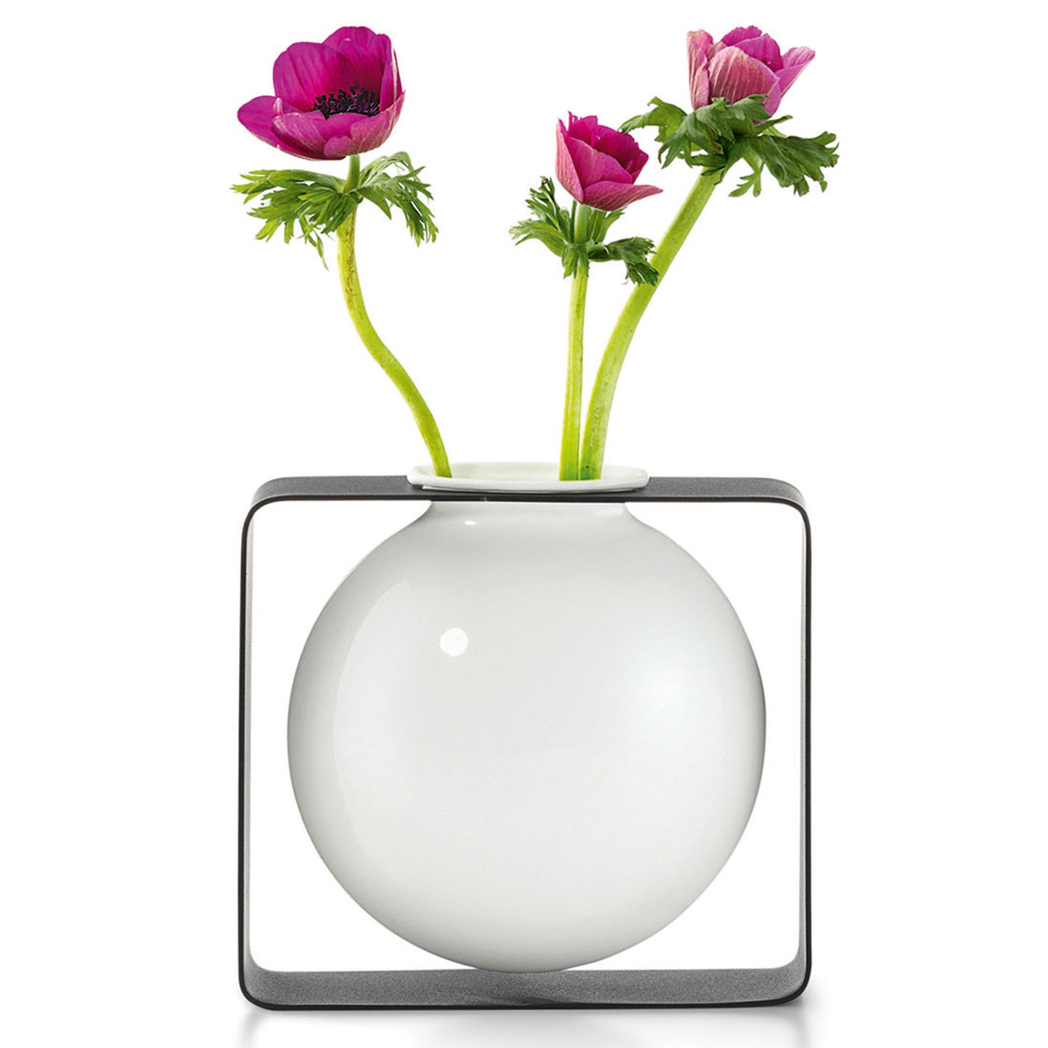 weiße Porzellan Vase schwebend im Metallrahmen