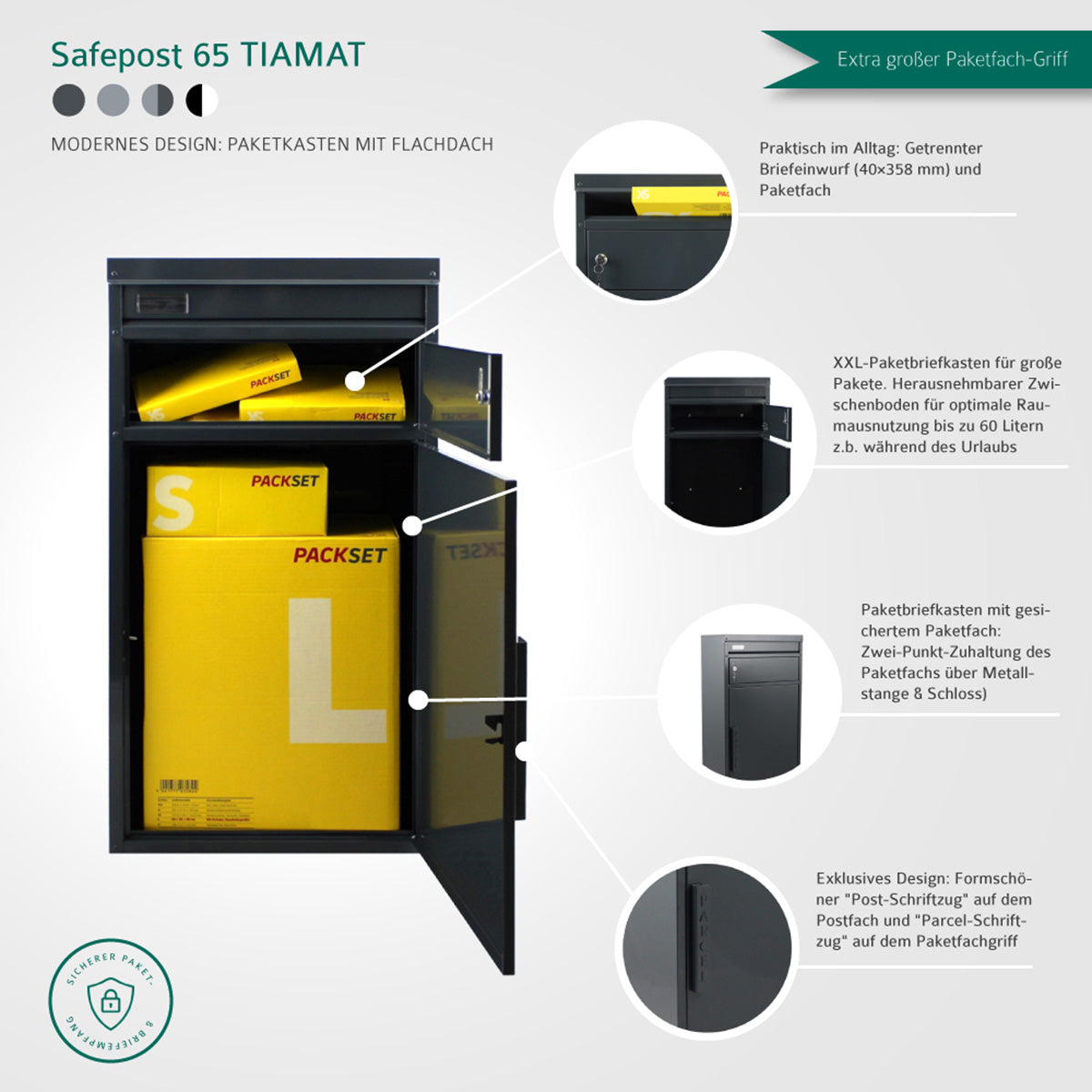 Paketbriefkasten Tiamat 65 silber-anthrazit mit 8 Schlüsseln