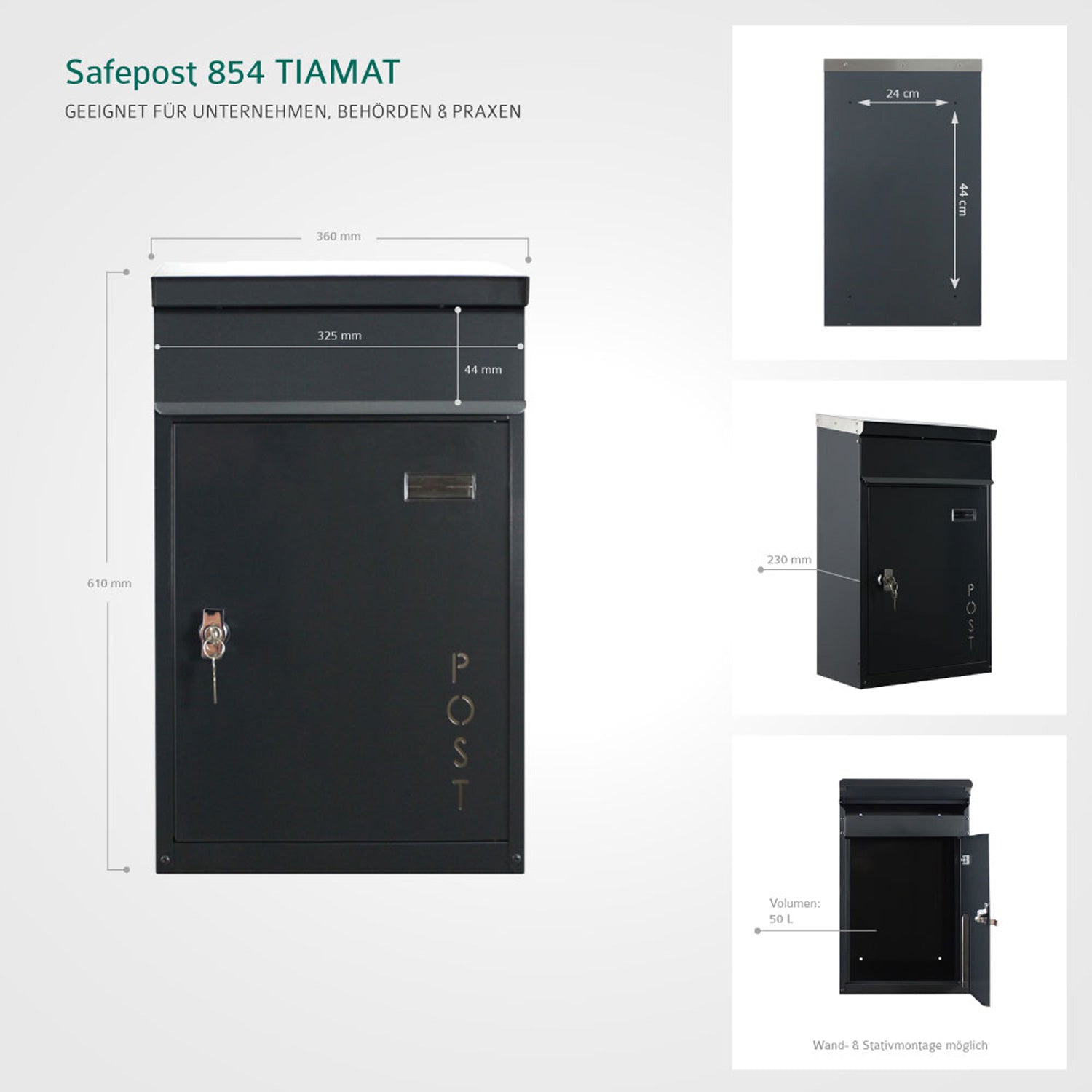 Briefkasten Tiamat 854 anthrazit mit 4 Schlüsseln