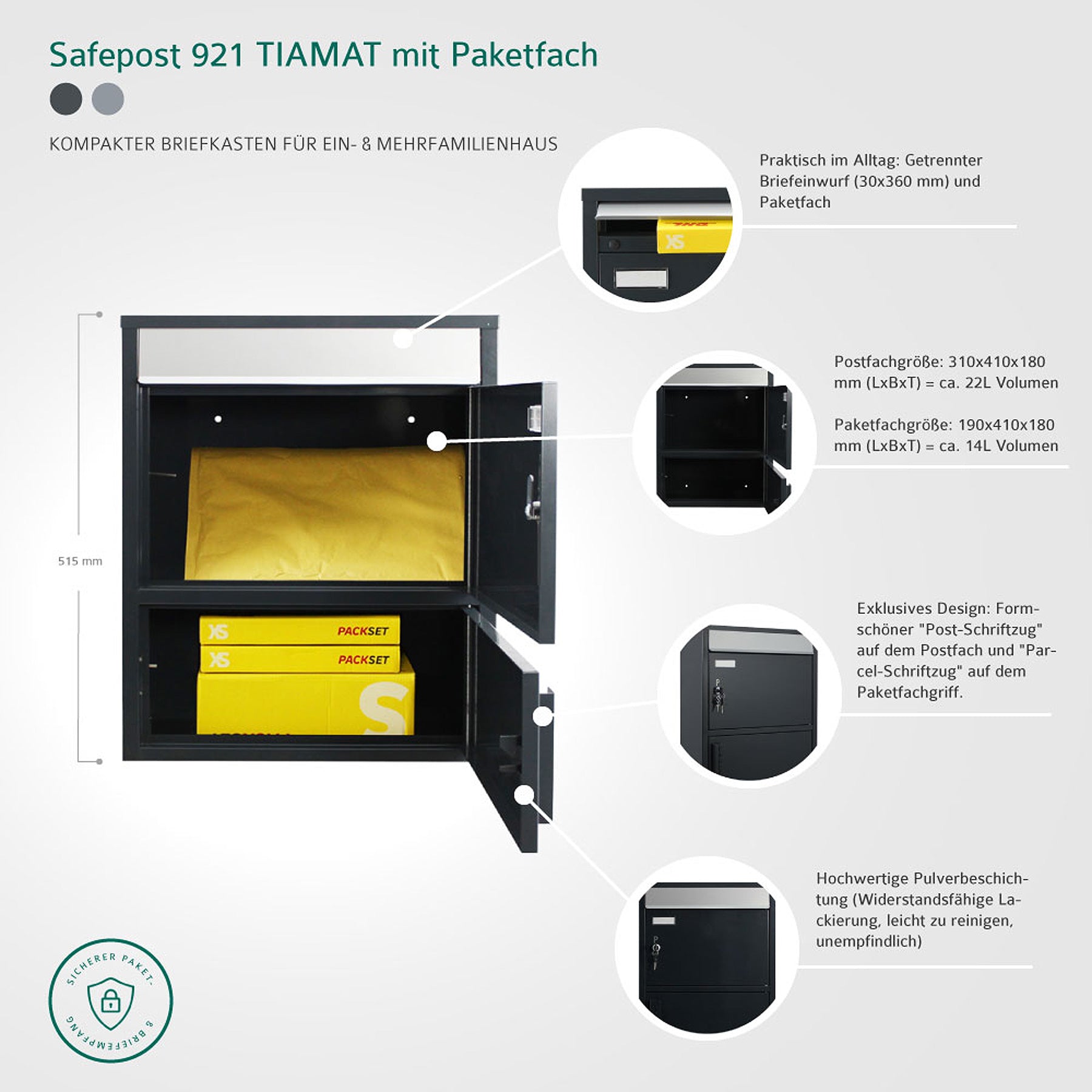 Briefkasten mit Paketfach 921 Tiamat anthrazit-grau
