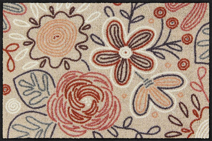 Salonloewe Fußmatte mit gezeichneten Blumen und Blättern auf beigem Hintergrund