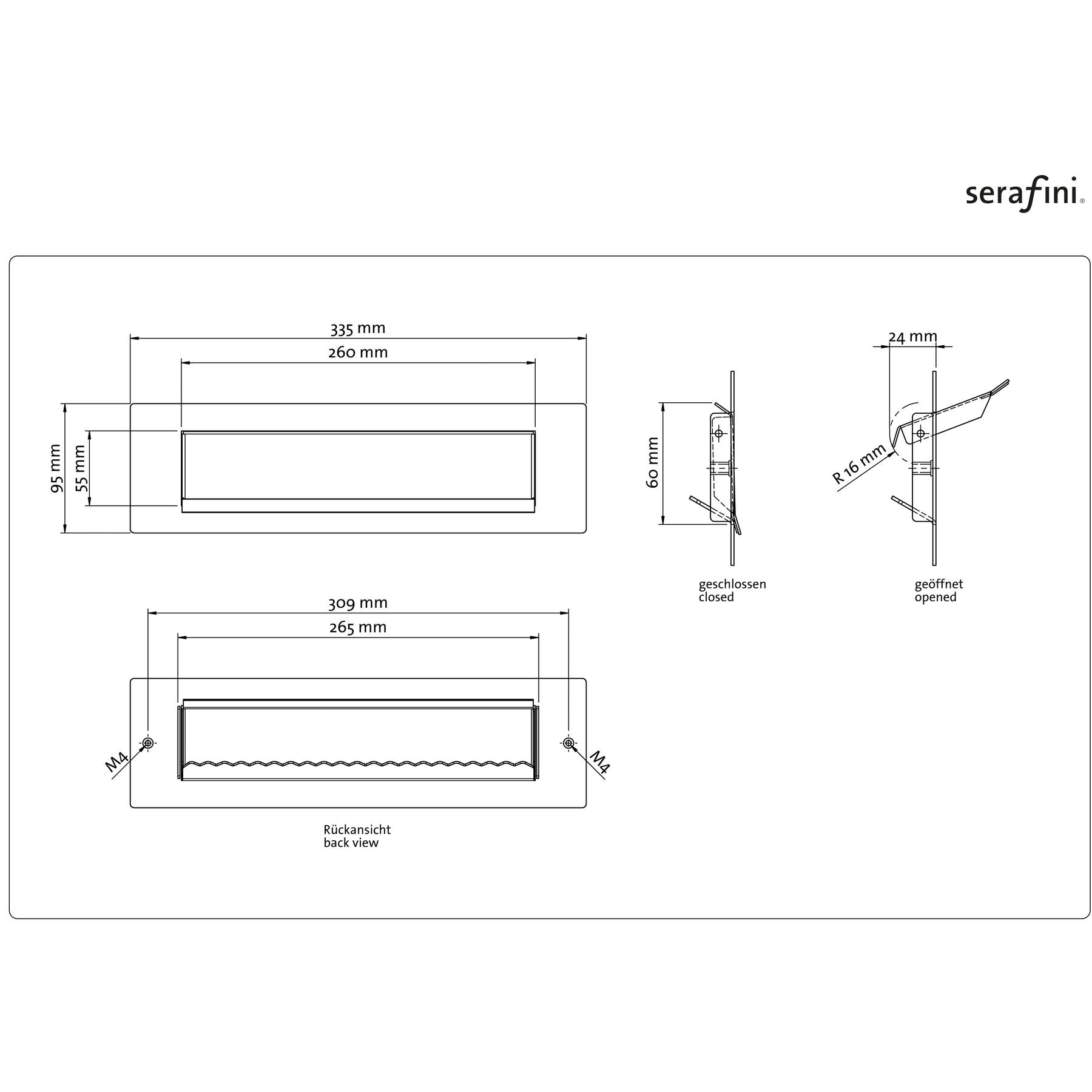Briefeinwurf-Klappe aus Edelstahl V4A, Postschlitz recht-eckig 335mm x 95mm x 3mm, Außen-Einwurfblende