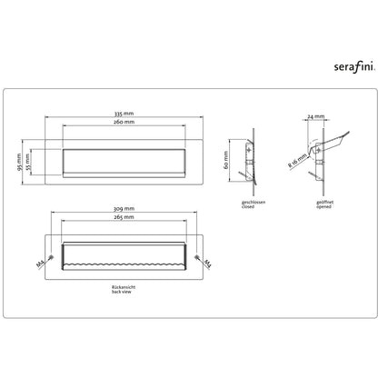 Briefeinwurf-Klappe aus Edelstahl V4A, Postschlitz recht-eckig 335mm x 95mm x 3mm, Außen-Einwurfblende