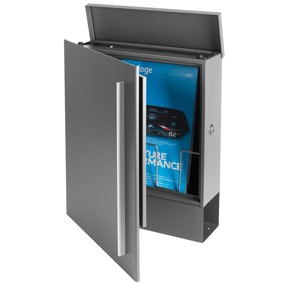 Standbriefkasten mit Zeitungsfach grau-aluminium (RAL 9007) SBox 110b Briefkasten mit Pfosten (einbetonieren)