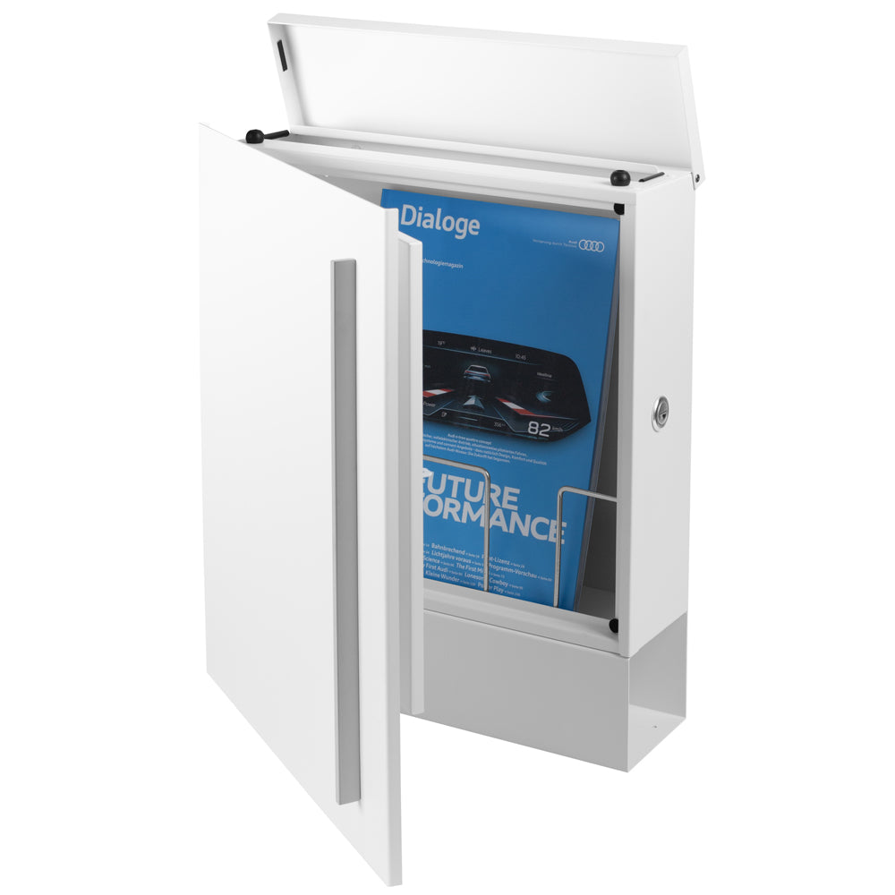 SBox 110b Standbriefkasten mit Zeitungsfach weiß (RAL 9003) Design-Briefkasten mit Fuß (einbetonieren) freistehend