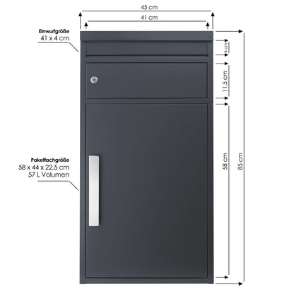 Paketbriefkasten 65MS mit Name und Hausnummer graviert V4A-Edelstahl / anthrazit RAL 7016 Design-Paketkasten modern
