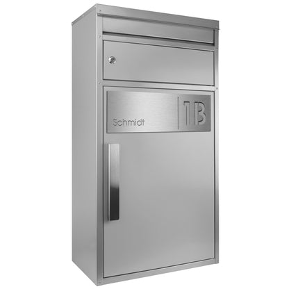 Paketbriefkasten 65MS mit Name und Hausnummer graviert V4A-Edelstahl/silber RAL 9006 Design-Paketkasten modern