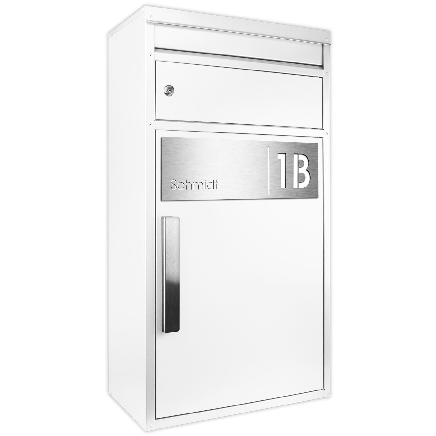 Paketbriefkasten 65MS mit Name und Hausnummer graviert V4A-Edelstahl/weiß RAL 9010 Design-Paketkasten modern
