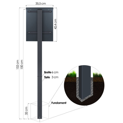 Standbriefkasten mit Zeitungsfach anthrazit-grau (RAL 7016) inkl. Gravur SBox 111b Briefkasten mit Pfosten (einbetonieren) mit Gravur Schloß rechts