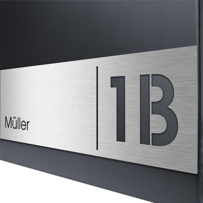 Standbriefkasten mit Zeitungsfach anthrazit-grau (RAL 7016) inkl. Gravur SBox 111rb Briefkasten mit Pfosten (einbetonieren) mit Gravur Schloß links