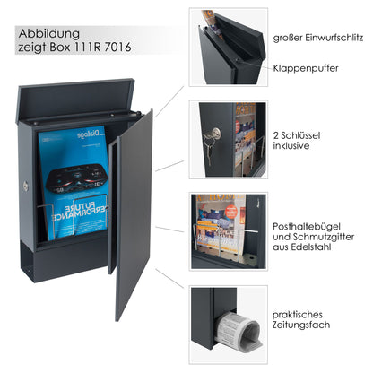 Standbriefkasten mit Zeitungsfach anthrazit-grau (RAL 7016) inkl. Gravur SBox 111rb Briefkasten mit Pfosten (einbetonieren) mit Gravur Schloß links