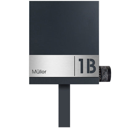 Standbriefkasten mit Zeitungsfach anthrazit-grau (RAL 7016) inkl. Gravur SBox 111rb Briefkasten mit Pfosten (einbetonieren) mit Gravur Schloß links