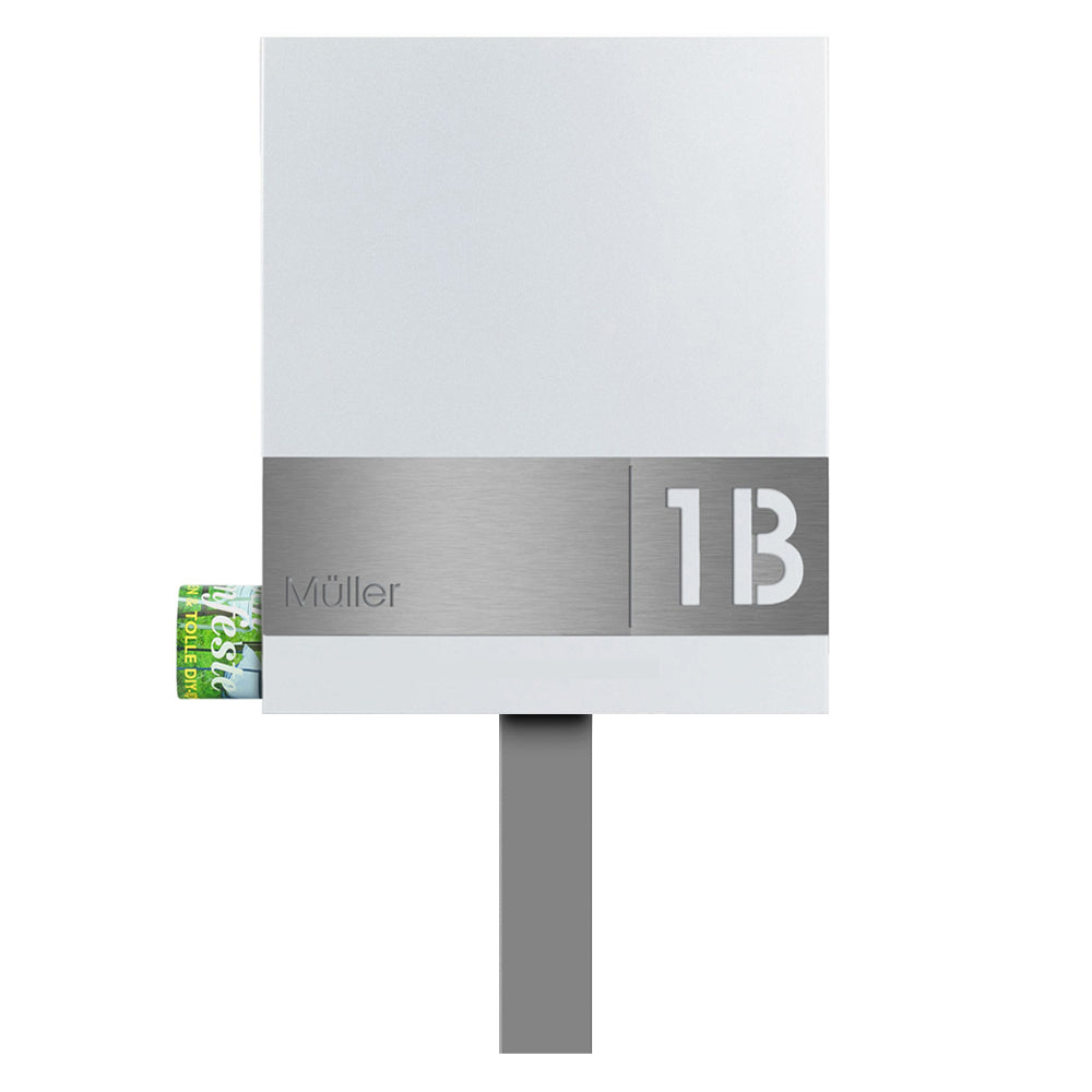SBox 111b Standbriefkasten mit Zeitungsfach weiß (RAL 9003) inkl. Name + Hausnummer graviert V4A-Edelstahl