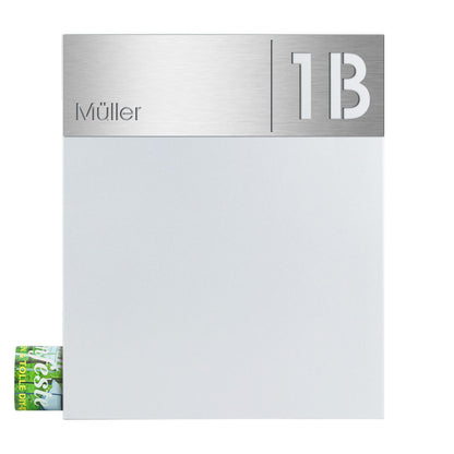 SBox 111b Standbriefkasten mit Zeitungsfach weiß (RAL 9003) inkl. Name + Hausnummer graviert V4A-Edelstahl