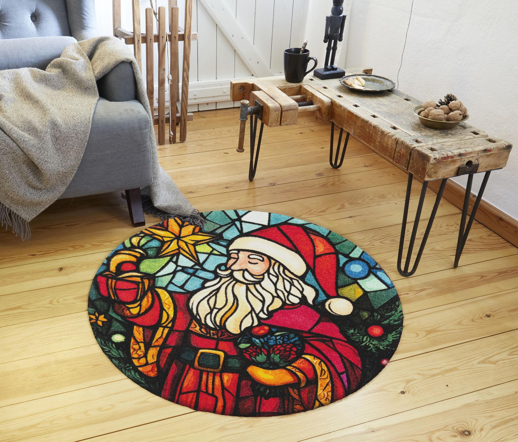 Fußmatte 90x90 Stainglass Santa